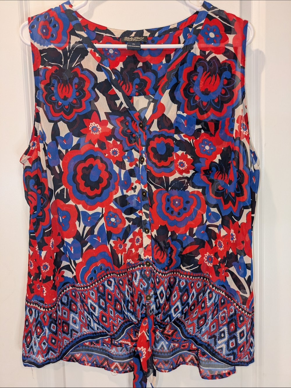 Lucky Brand Floral Sleeveless Blouse XL Tie Front Boho Top